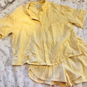 Yellow Cotton Linen Gauze Shirt and Shorts Set - Lightweight Summer Set